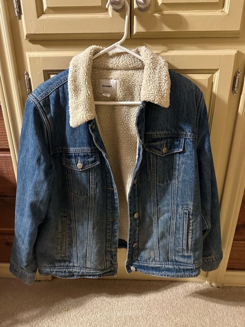 Old Navy Cream Sherpa-Lined Jacket with Blue Denim Accents